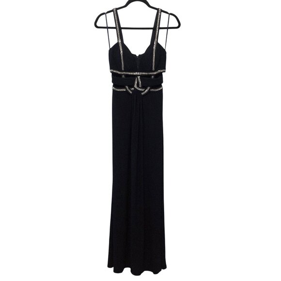 Betsy & Adam Black Gold Trim Pleated Bodice Cutout Waist Sleeveless Long Dress 4 - Picture 1 of 10